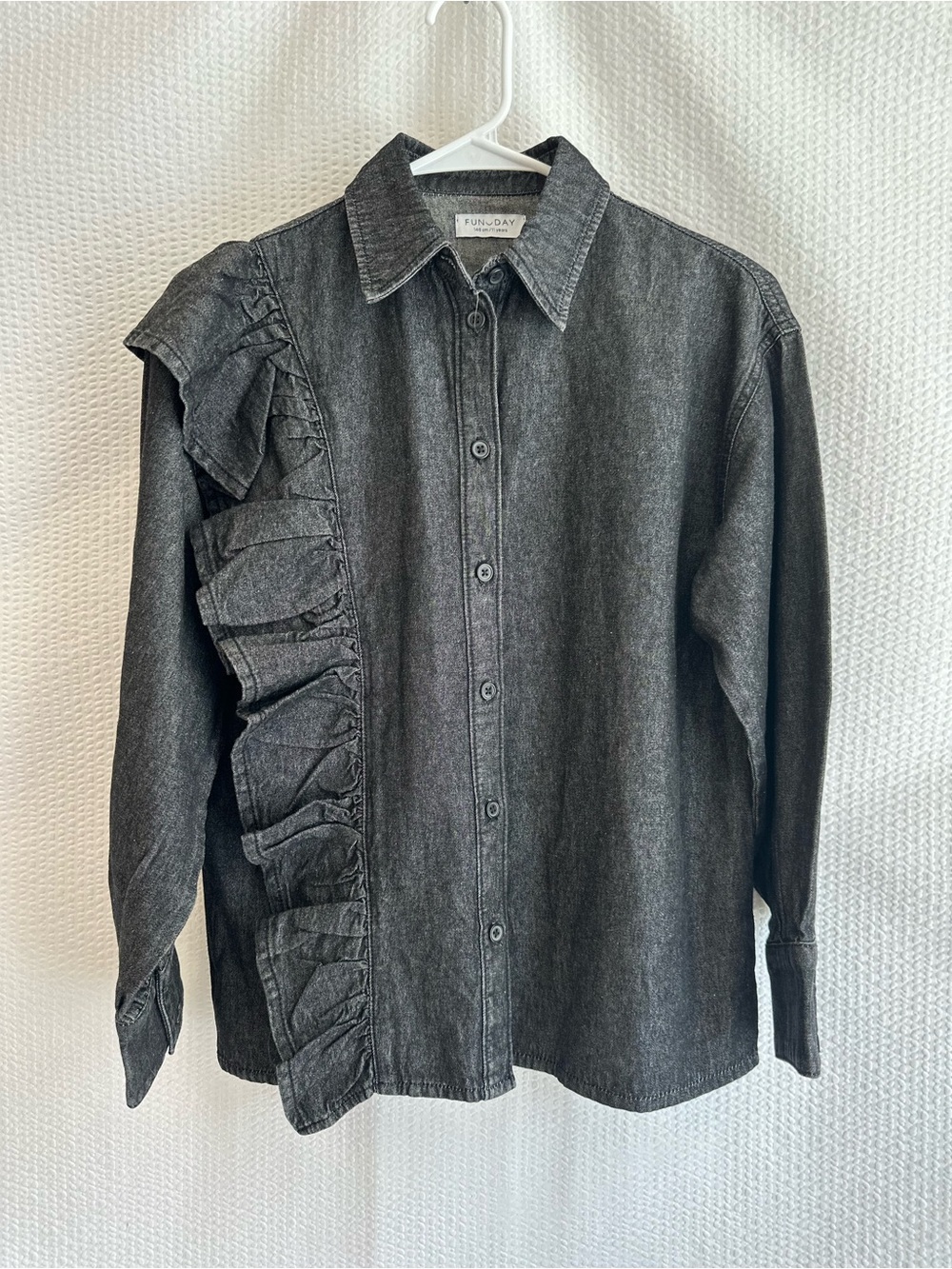 FUN DAY Girls Black Denim Ruffle Button Front Shirt Size 10 11 NWT